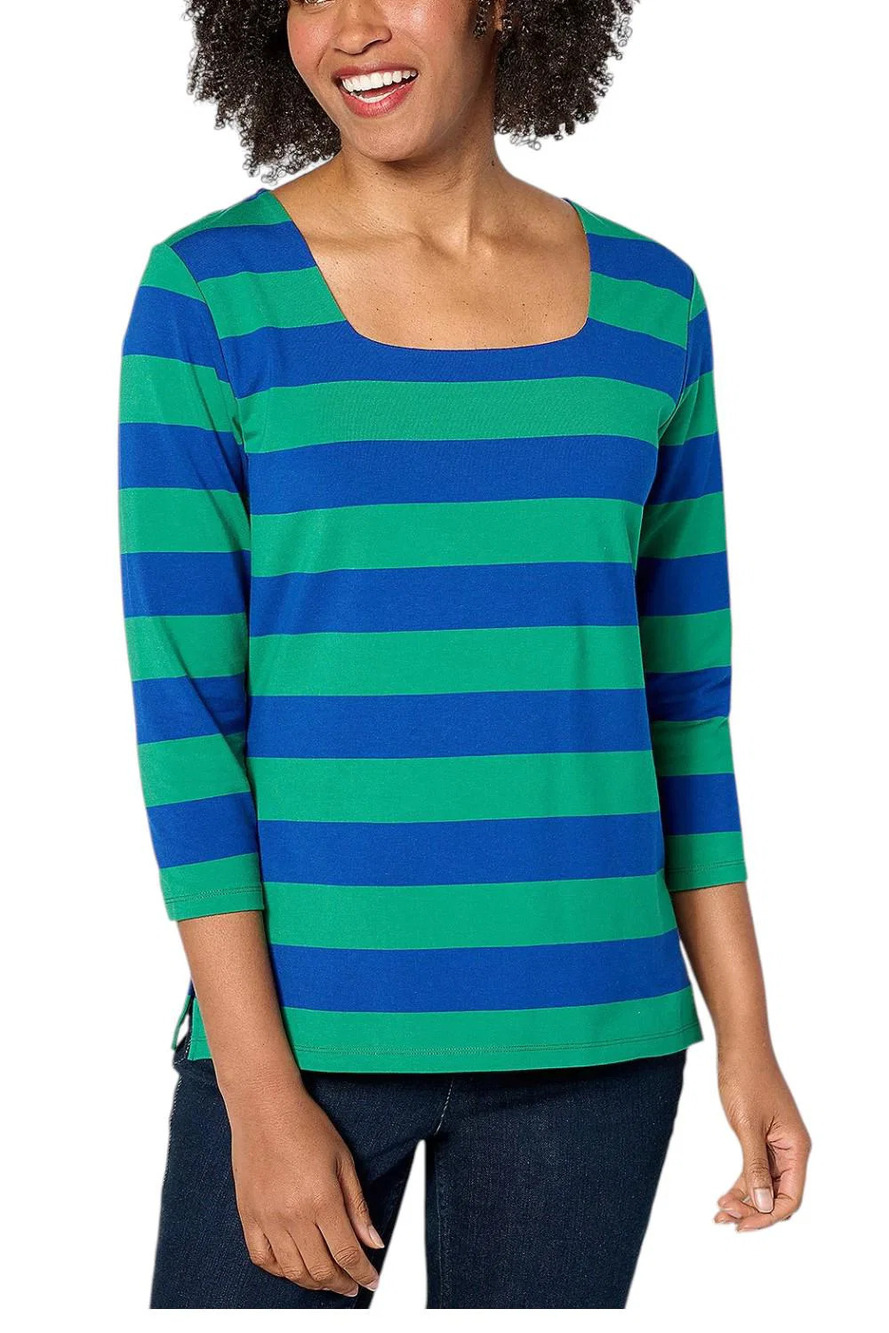 Isaac Mizrahi Live! Women's Yarn Dye Stripe Solid Top Emerald Stripe - Regular
